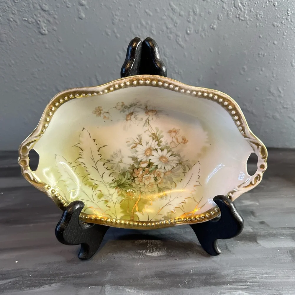 Antique C.S Prussia white daisy small bowl w/gold hobnob rim w/handles porcelain